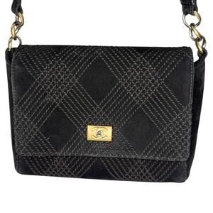 Vintage Chanel Black Suede Quilted Crossbody Bag CC Turnlock Wide Strap